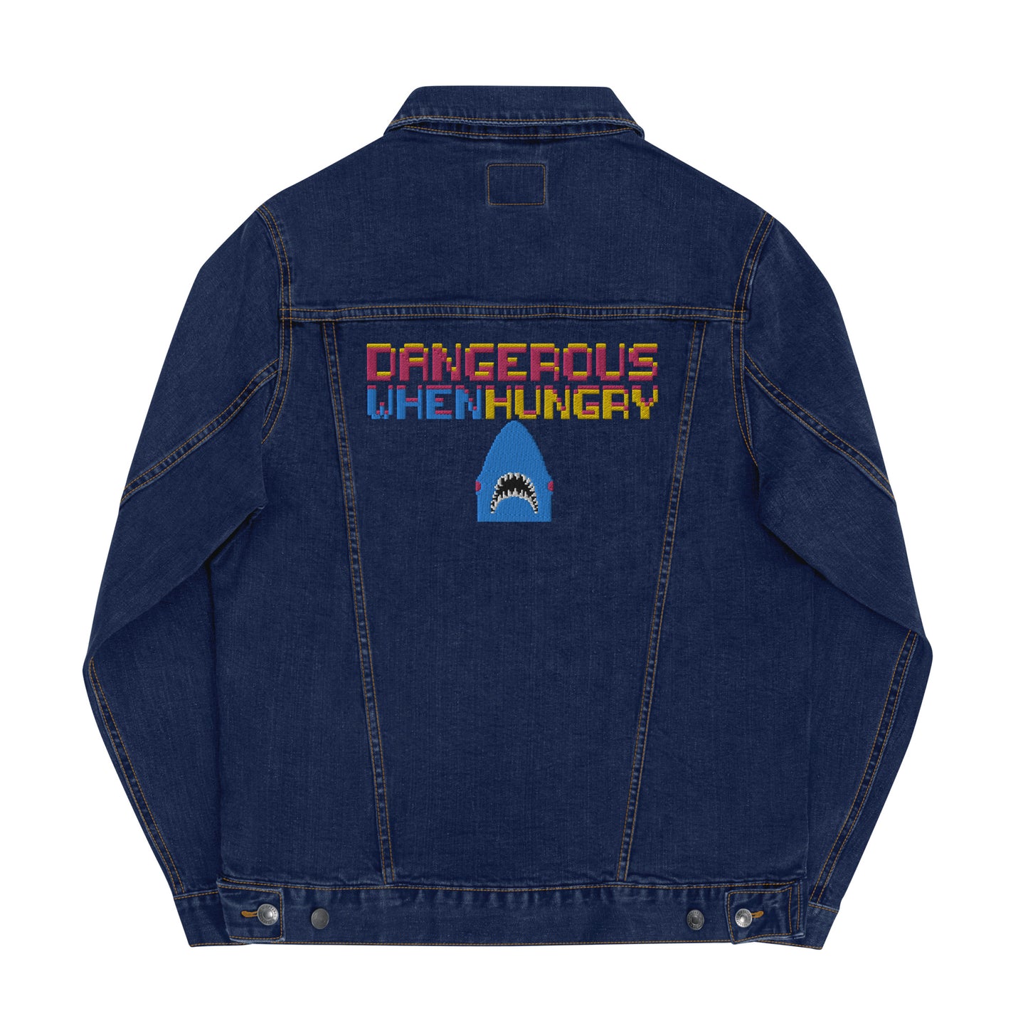 Embroidered Left Chest, Right Wrist, & Back Unisex Denim Jacket "Hungry Shark" - Blue Jeans Edition