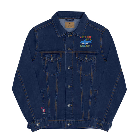 Embroidered Left Chest, Right Wrist, & Back Unisex Denim Jacket "Hungry Shark" - Blue Jeans Edition