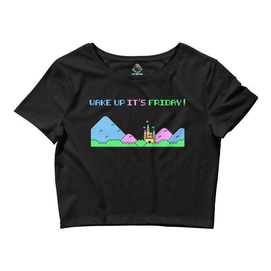 Printed Large Center Women’s Crop Tee / T-shirt "Wake Up, It's Friday" - Black Edition